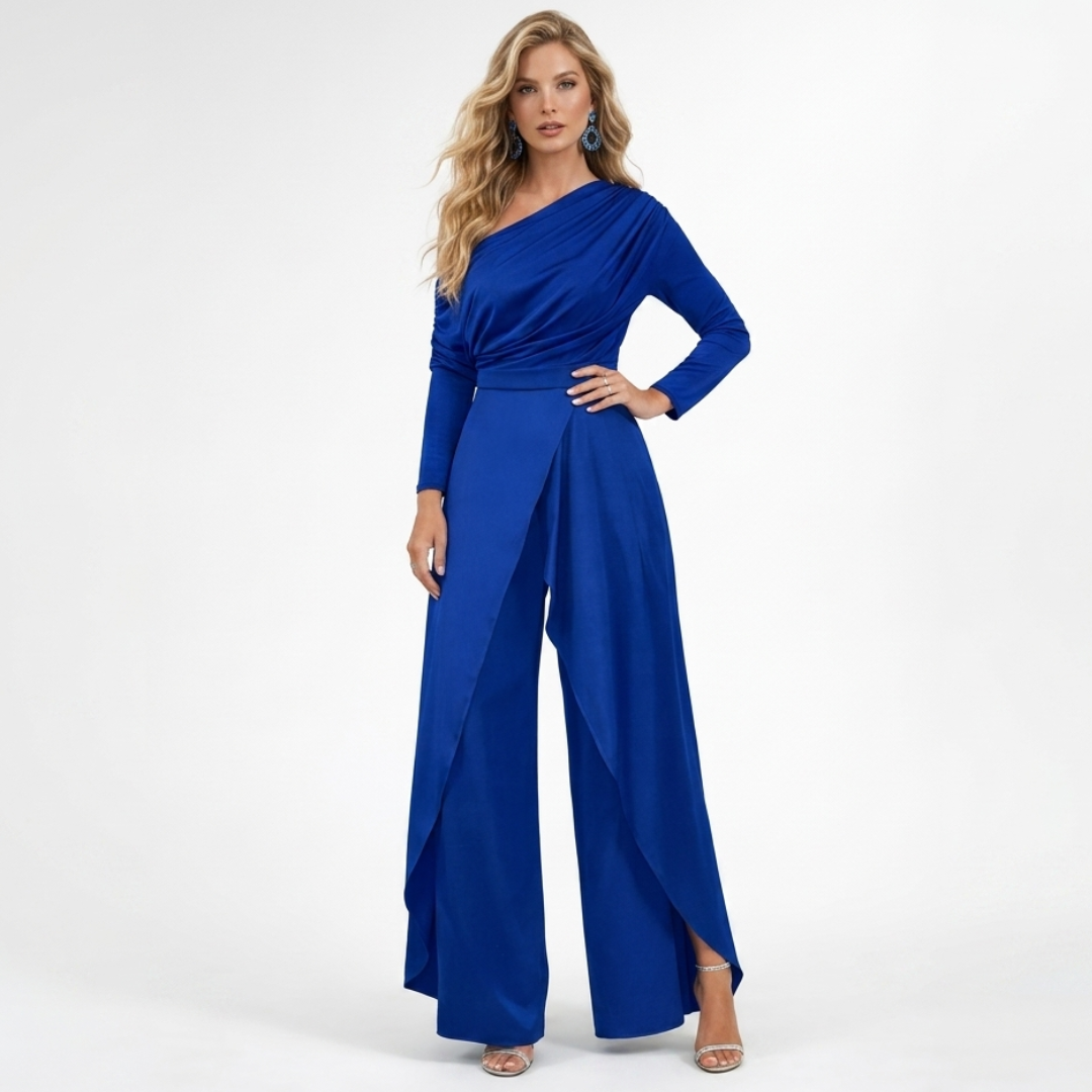 Blue one-shoulder jumpsuit with long sleeves and wide-leg split skirt effect