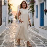 White sleeveless pleated midi comfort dress with gathered bodice