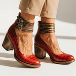 Red crocodile-pattern leather heeled ankle boots with two buckle straps and block heel