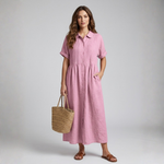 Pink cotton shirt dress, short sleeves, button front, gathered waist, midi length.