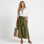 Two-piece set: white button blouse with chest pocket and olive green tie-waist midi skirt
