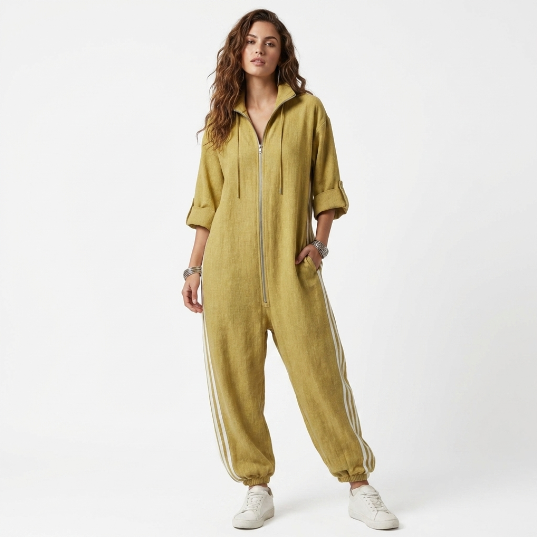 Striped hooded zip-front jumpsuit, mustard yellow, relaxed legs with side stripes