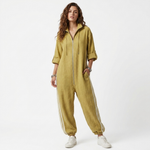 Striped hooded zip-front jumpsuit, mustard yellow, relaxed legs with side stripes