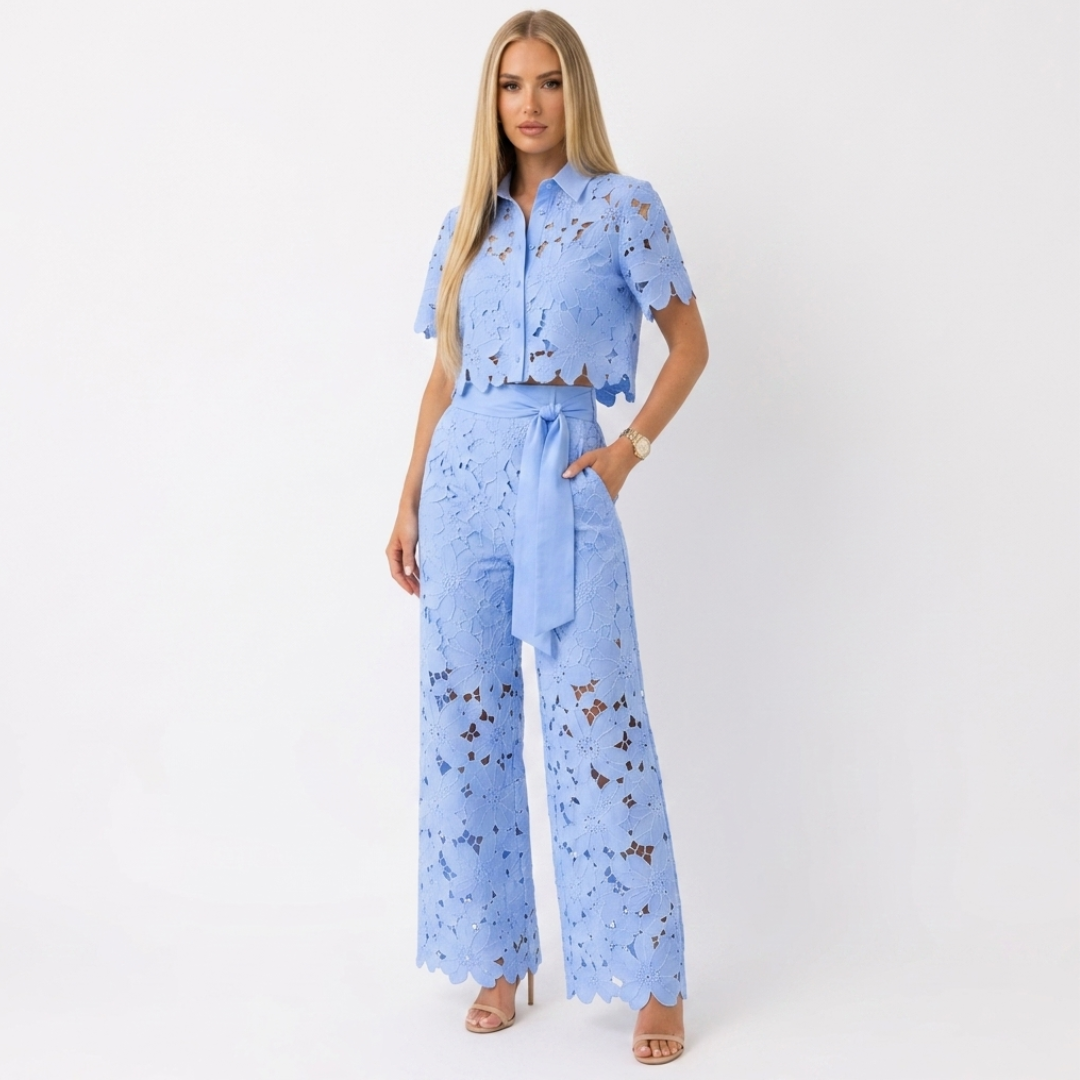 Light blue lace two-piece set with cropped short-sleeve jacket and wide-leg pants