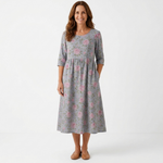 Casual midi dress in soft gray with pink rose floral print, half sleeves, gathered waist