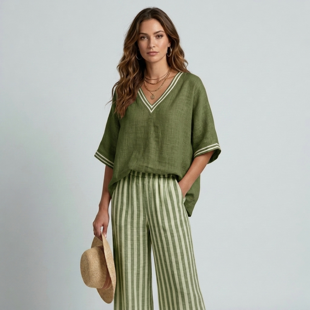 Women's olive green V-neck top and striped wide-leg pants with contrast trim
