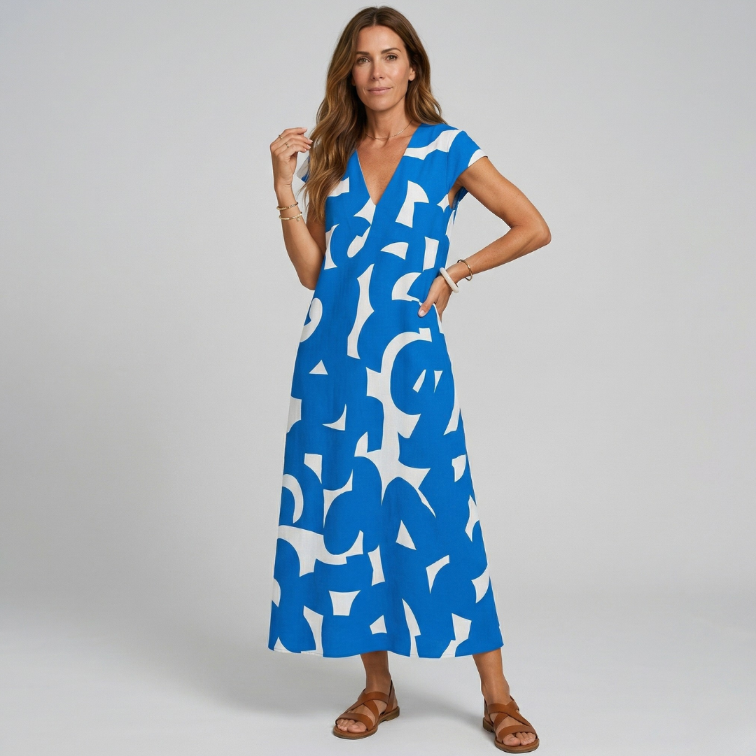 Blue and white abstract print midi dress with V-neck and short sleeves