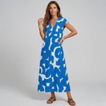 Blue and white abstract print midi dress with V-neck and short sleeves