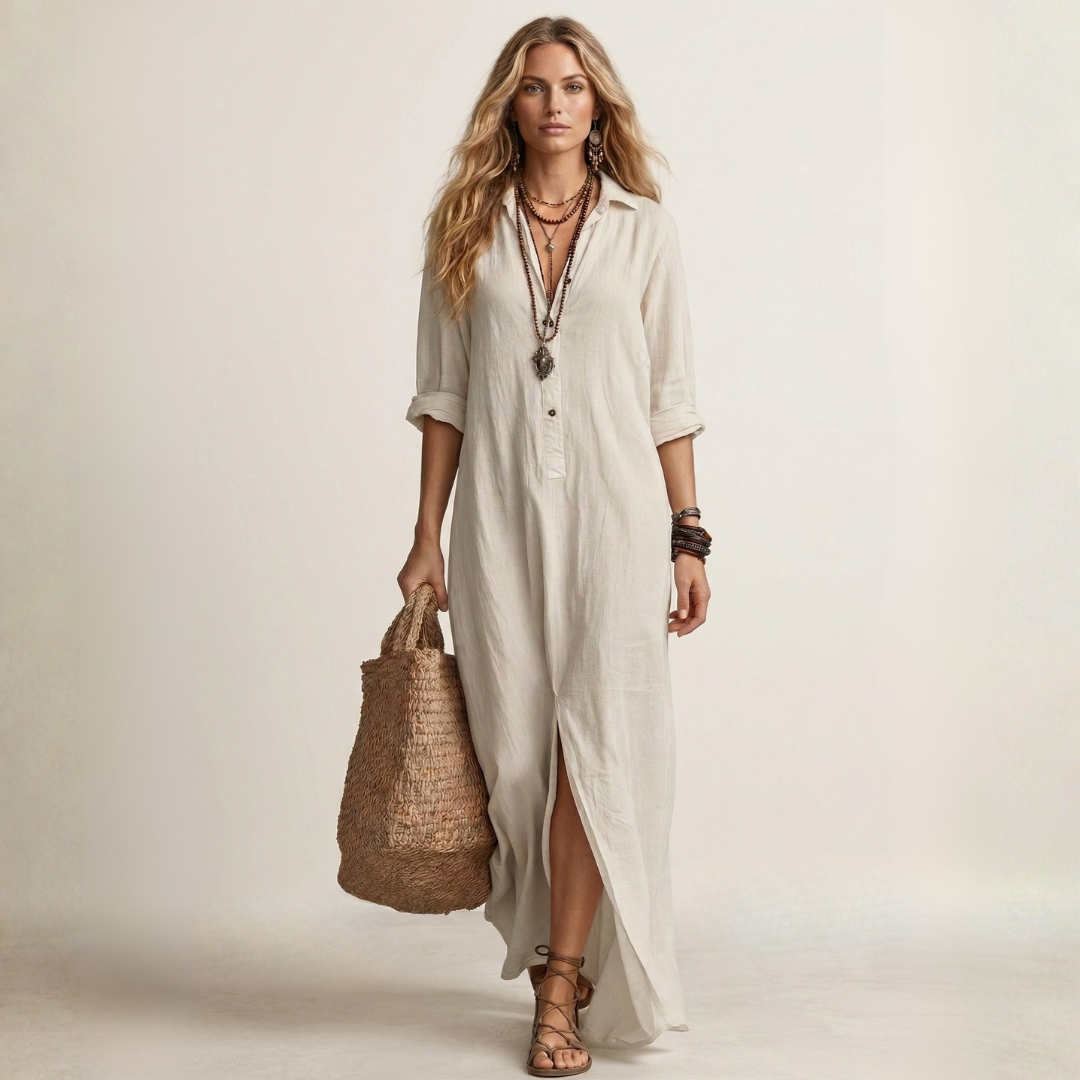 White long button-front dress with V-neck, 3/4 sleeves, side slit