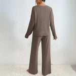 Vivienne two-piece knit lounge set in dark brown: V-neck top and flared wide-leg pants, back view