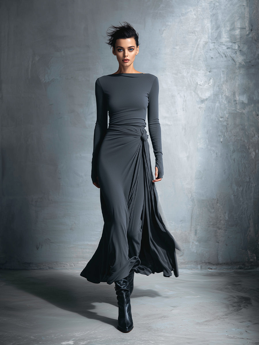 Charcoal gray maxi silk dress with ruched front and knotted waist detail, full length
