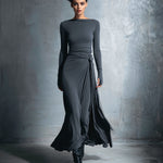Charcoal gray maxi silk dress with ruched front and knotted waist detail, full length