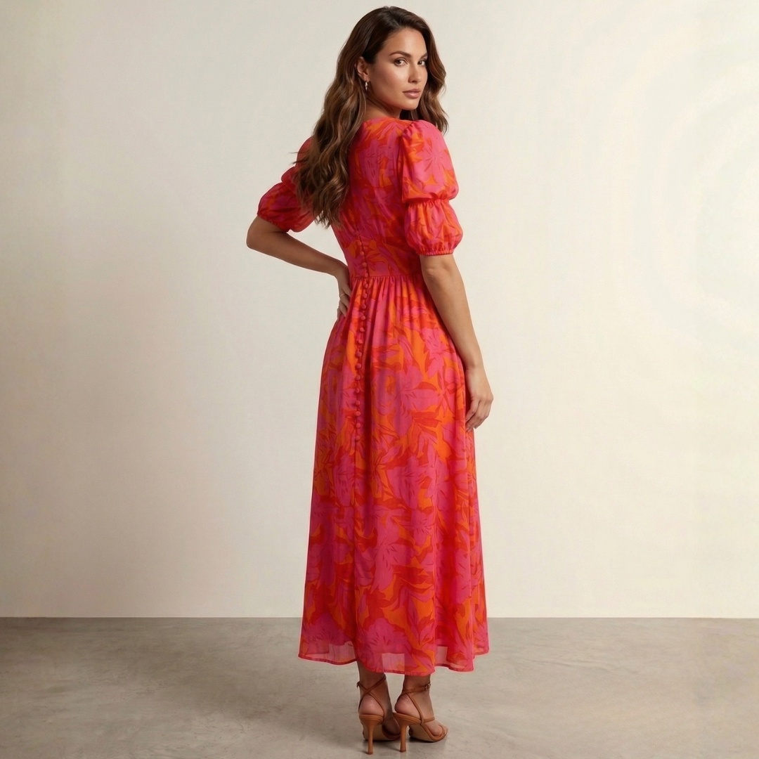 Pink and orange maxi dress with deep V-neck, puff sleeves, and gathered waist