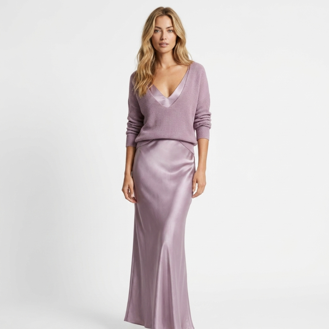Madalina knit V-neck sweater over mauve satin midi dress, front view