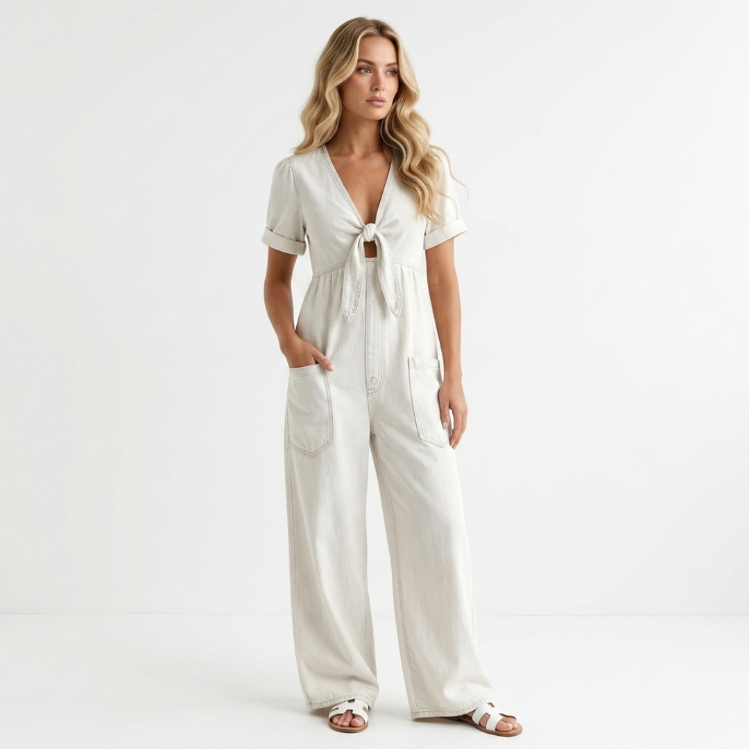 White denim V-neck tie-front short-sleeve jumpsuit with patch pockets and wide-leg pants