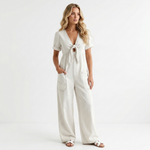 White denim V-neck tie-front short-sleeve jumpsuit with patch pockets and wide-leg pants