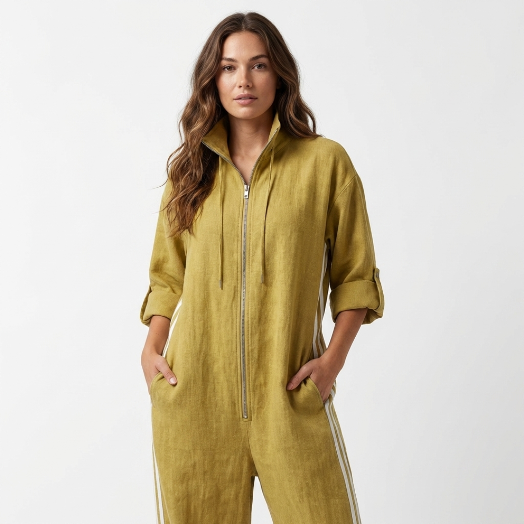 Mustard yellow striped hooded zip-front jumpsuit, front zipper and drawcord hood