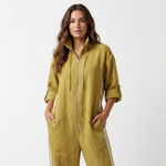 Mustard yellow striped hooded zip-front jumpsuit, front zipper and drawcord hood