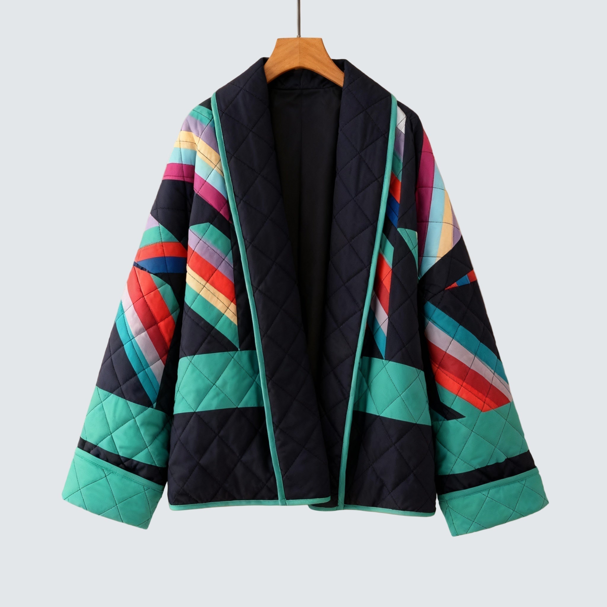 Quilted jacket with navy base, colorful geometric panels, full zip and stand collar