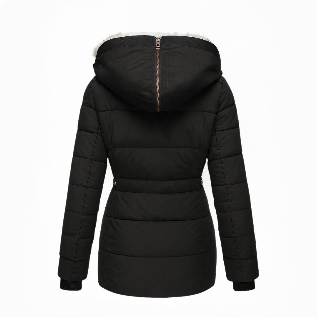 Women's winter puffer jacket, black with attached hood and padded back