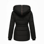 Women's winter puffer jacket, black with attached hood and padded back