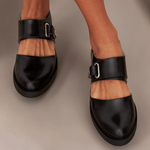 Black Mary Jane shoes with wide strap and metal buckle, low-profile sole