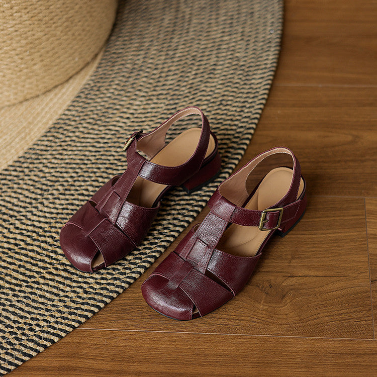 Amaya leather sandals in dark red/burgundy with cross straps and gold-tone buckle