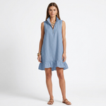 Georgiana short dress, sleeveless light blue with quarter-zip neckline and ruffled hem