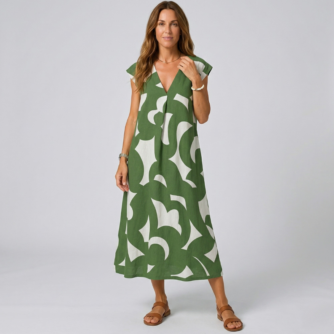 Green and white abstract print midi dress with V-neck and short sleeves