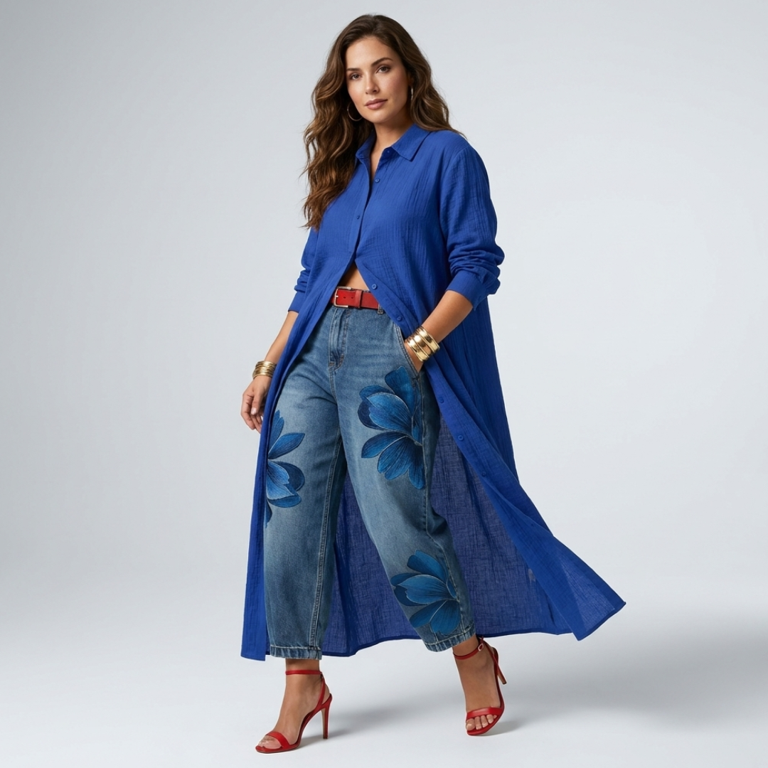 Blue long-sleeve shirt and wide-leg denim pants set with blue floral print