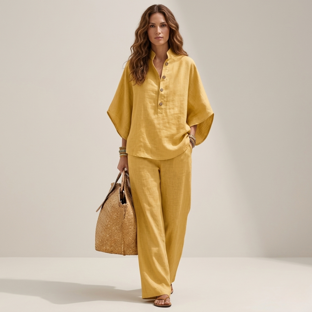 Mustard yellow button-front tunic and wide-leg pants set, loose fit with wide sleeves