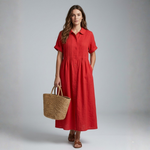 Red cotton shirt dress, short sleeves, button front, gathered waist, midi length.