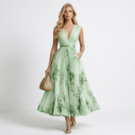 Floral print sleeveless V-neck maxi dress in mint green with darker green abstract blooms