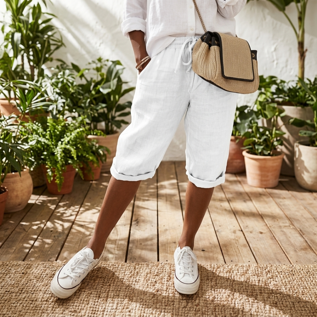 Beatrice cotton drawstring capri shorts, white with cuffed hem and side pockets