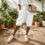Beatrice cotton drawstring capri shorts, white with cuffed hem and side pockets