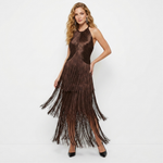 Brown sleeveless halter fringe midi dress with layered tiered tassels