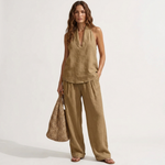 Two-piece V-neck linen set with sleeveless top and wide-leg pants in khaki.