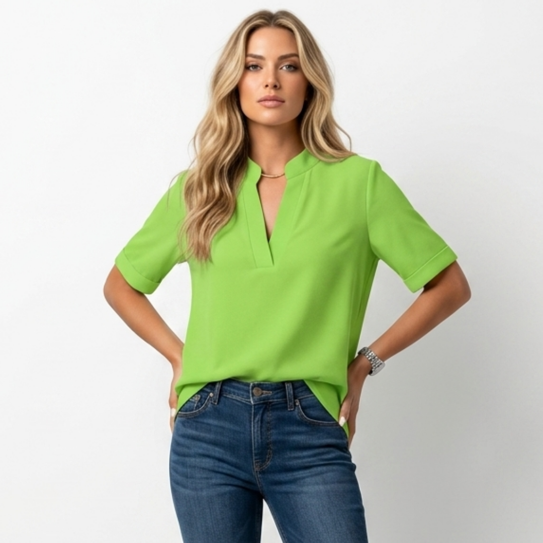 Green V-neck blouse with short sleeves