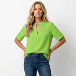 Green V-neck blouse with short sleeves