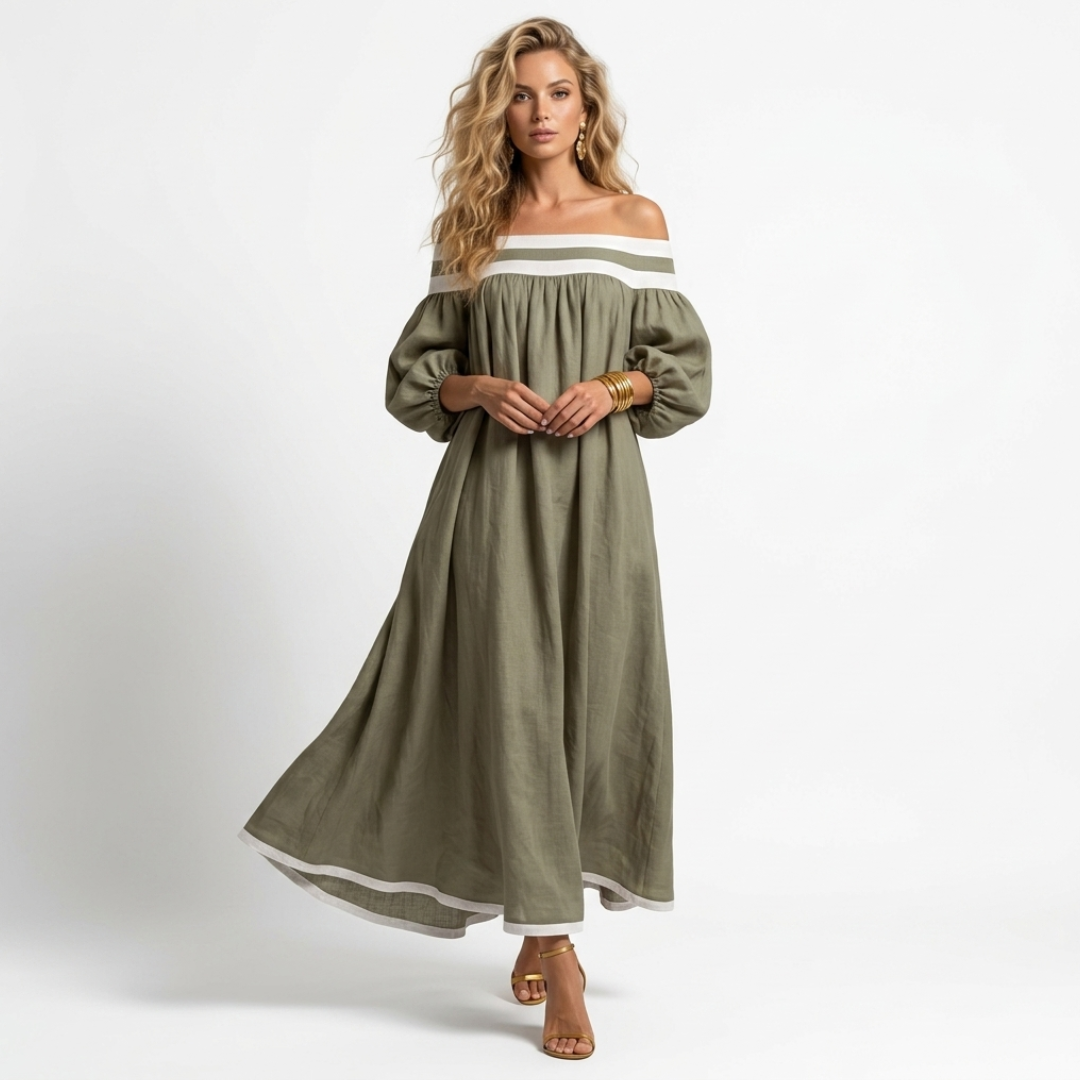 Olive long off-shoulder maxi dress with light stripe at neckline and flowing skirt hem.