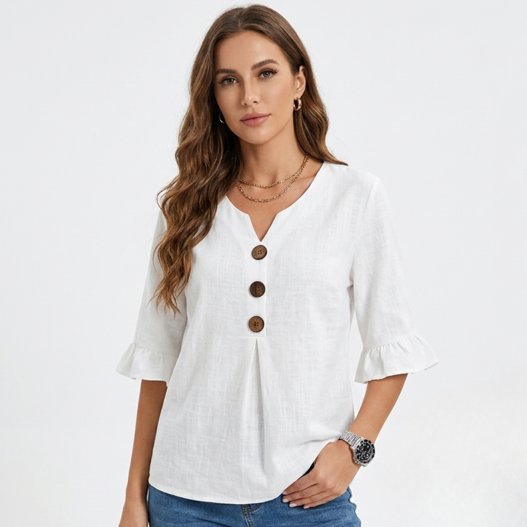 White linen-look blouse with V-neck, three-button front, and flared 3/4 sleeves