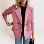 Dusty pink casual blazer with notch lapels, ribbed sleeves, and four-button front