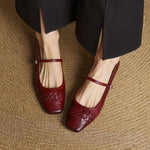 Burgundy Mary Jane flats with square toe, ankle strap, and woven lattice detail