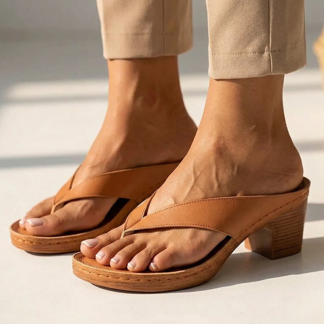 Cognac slide sandal with wide strap and mid block heel platform sole