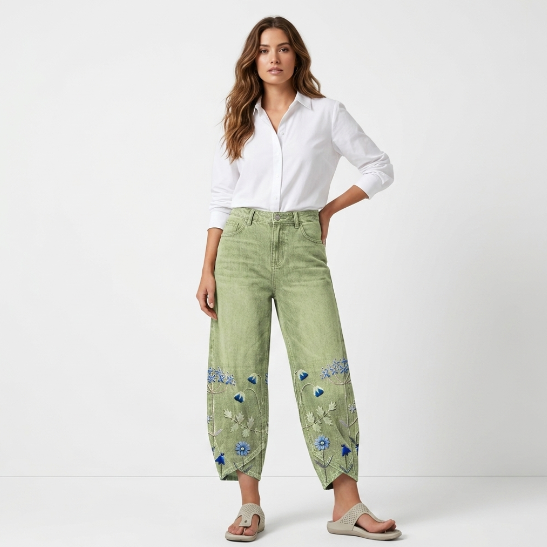 Green casual embroidered trousers with floral and butterfly hem embroidery