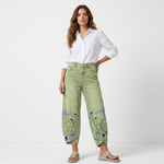 Green casual embroidered trousers with floral and butterfly hem embroidery