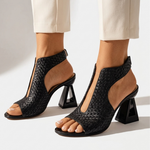 Black woven high-heel sandals with open toe and side cutout, block heel