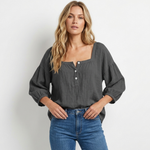 Linen blouse in charcoal gray with square neckline and button front, 3/4 puff sleeves