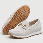 Light cream orthopedic moccasin shoes with gold-tone horsebit and grippy outsole