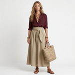 Two-piece set: maroon button blouse and beige tie-waist midi skirt